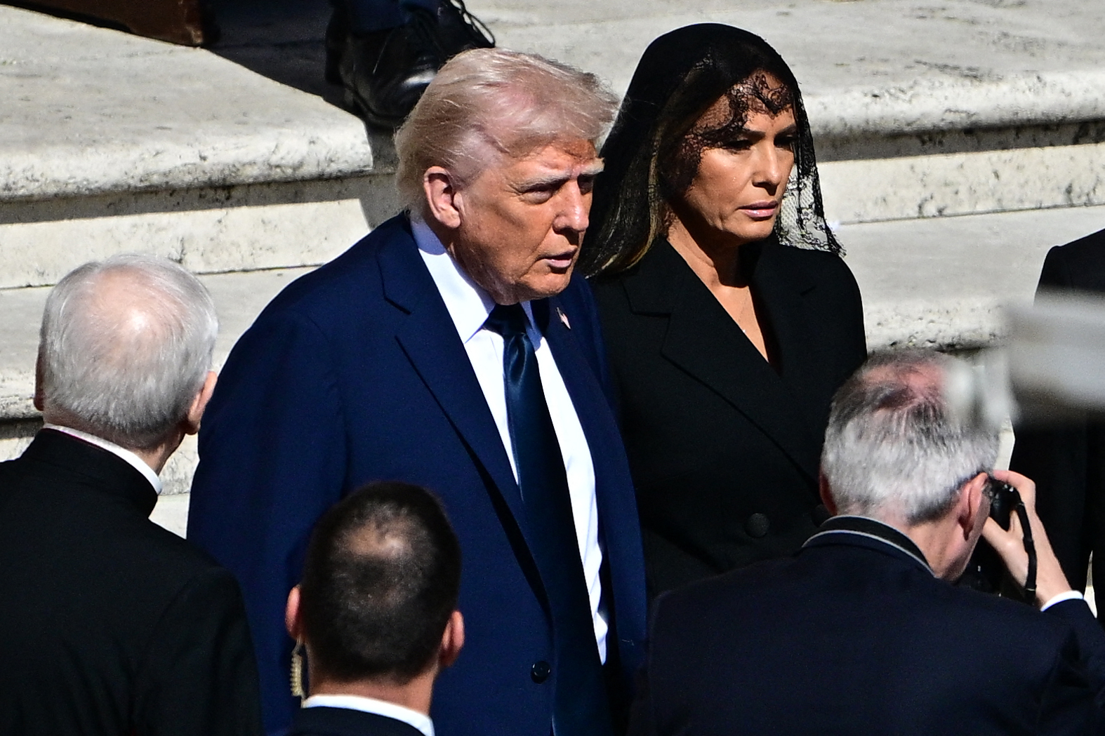 US President Donald Trump and US First Lady Melania Trump arrive at the funeral of Pope Francis in St. Peter's Square on April 26, 2025 in Vatican City, Vatican | Source: Getty Images