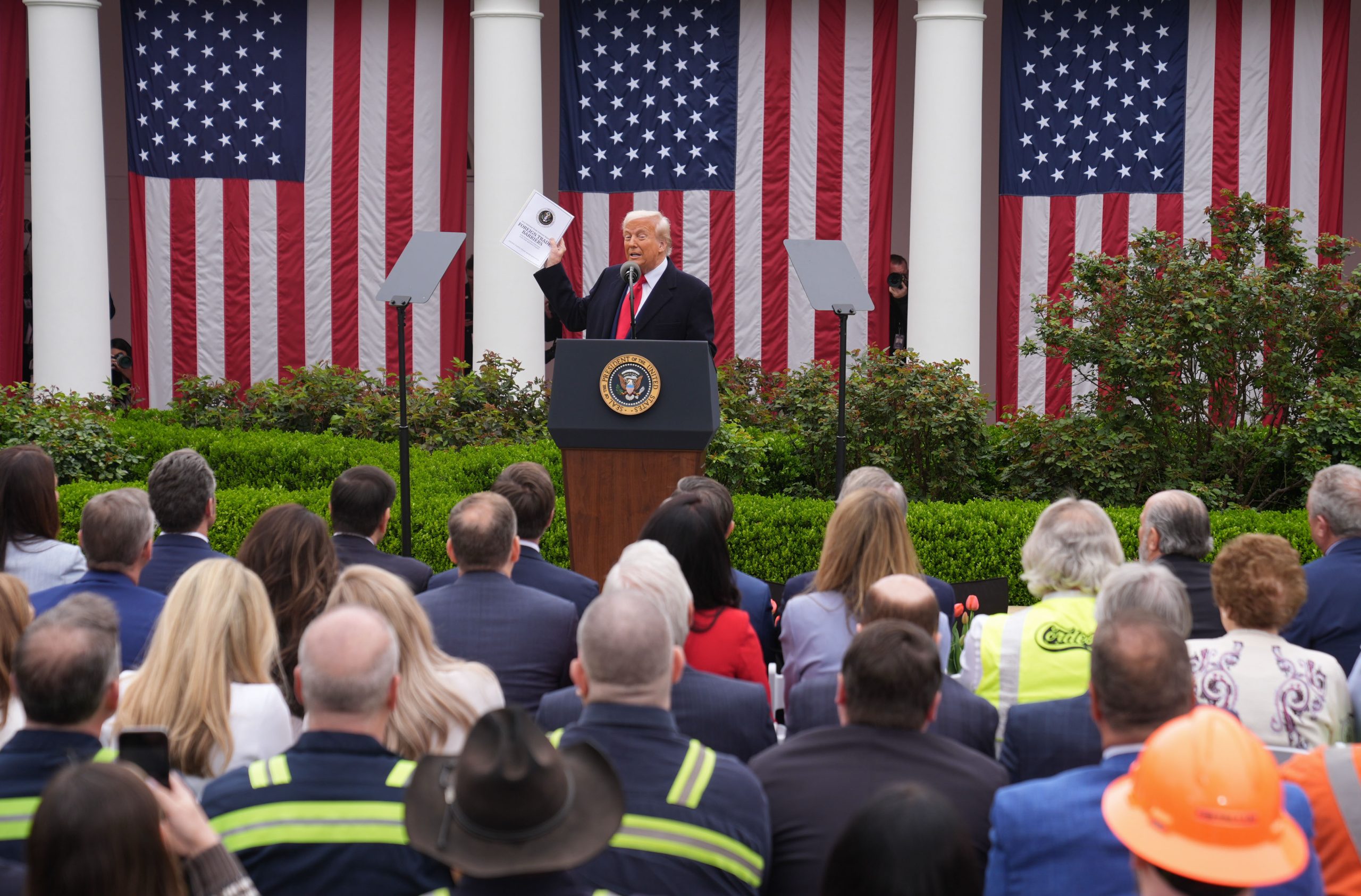 Donald Trump announces a plan for tariffs on imported goods during an event in the Rose Garden at the White House in Washington, D.C., on April 2, 2025. | Source: Getty Images