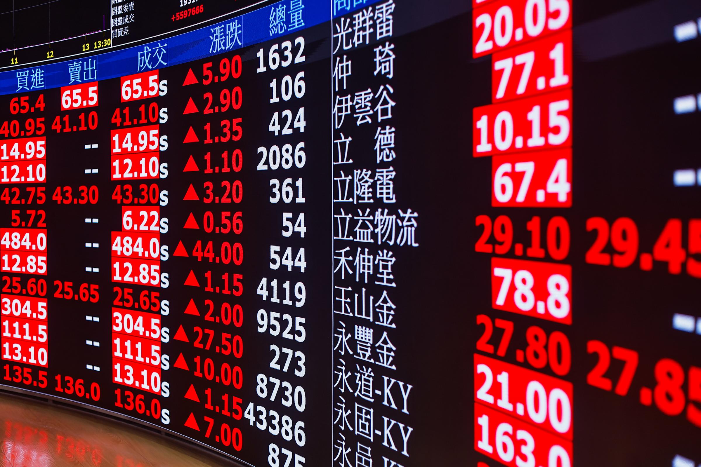 Screens showing surging stock shares at the Taiwan Stock Exchange office following Donald Trump's surprise decision to pause the global tariffs, in Taipei, Taiwan on April 10, 2025. | Source: Getty Images