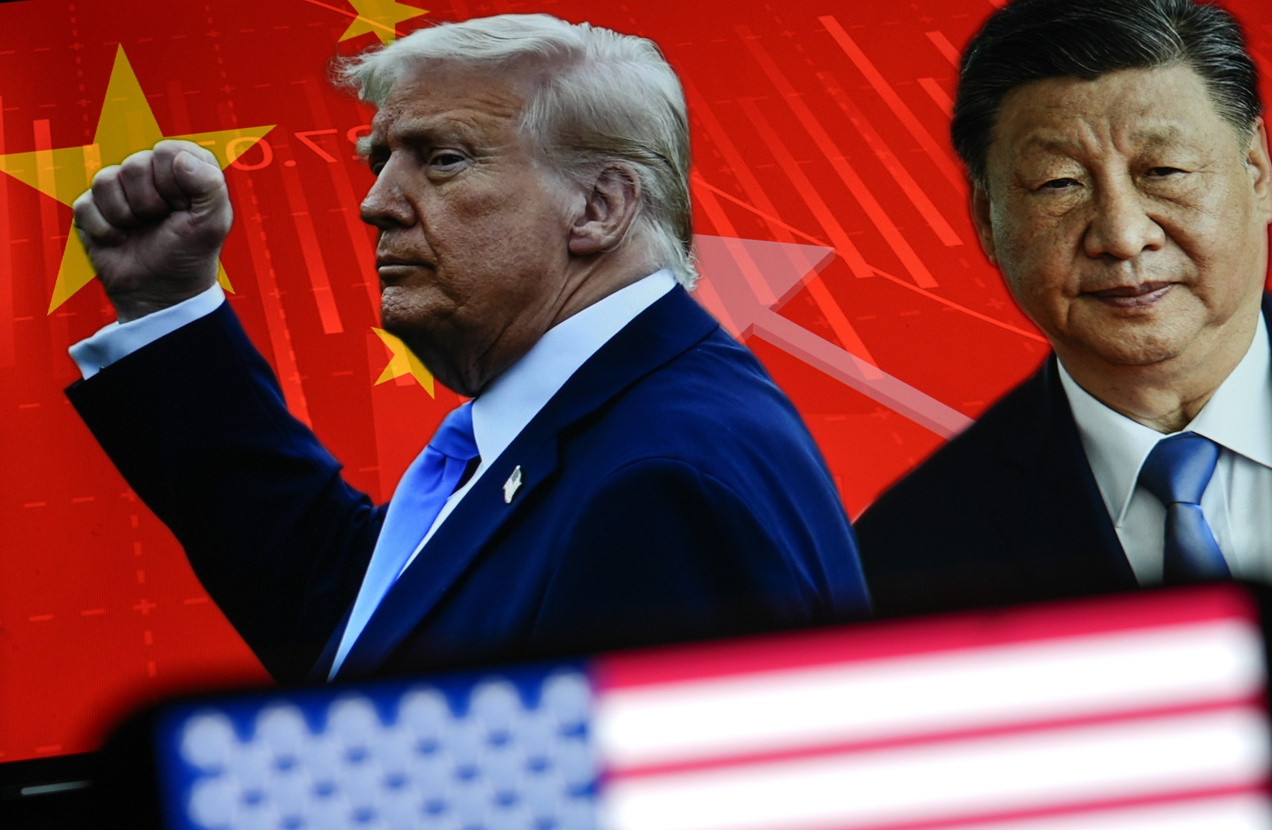 In this photo illustration, portraits of Donald Trump and Chinese President Xi Jinping are displayed on a computer screen as the U.S. and Chinese flags are also seen in the background, photo taken in Ankara, Turkiye on April 10, 2025. | Source: Getty Images