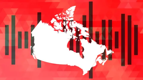 BBC An illustration showing an white outline of a map of Canada in front of black bars and a red background.